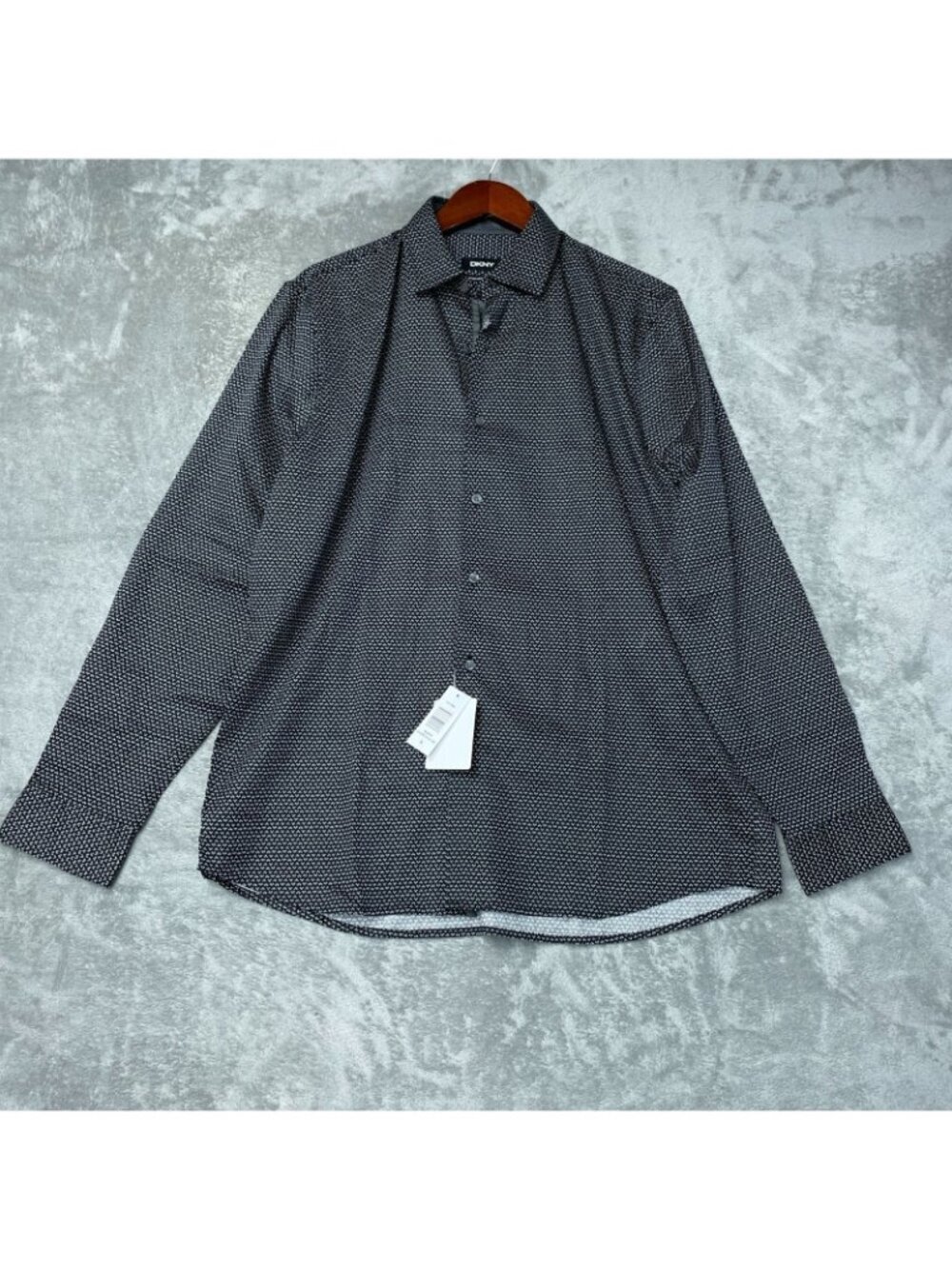 DKNY Men's L Black Pattern Stretch Button-Up Dress Shirt Regular Fit d1854 - Picture 4 of 10